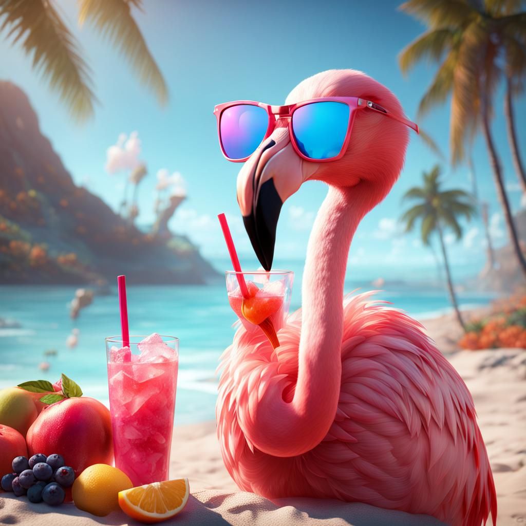 Flamingo Sipping Punch on Beach, Fantasy Art