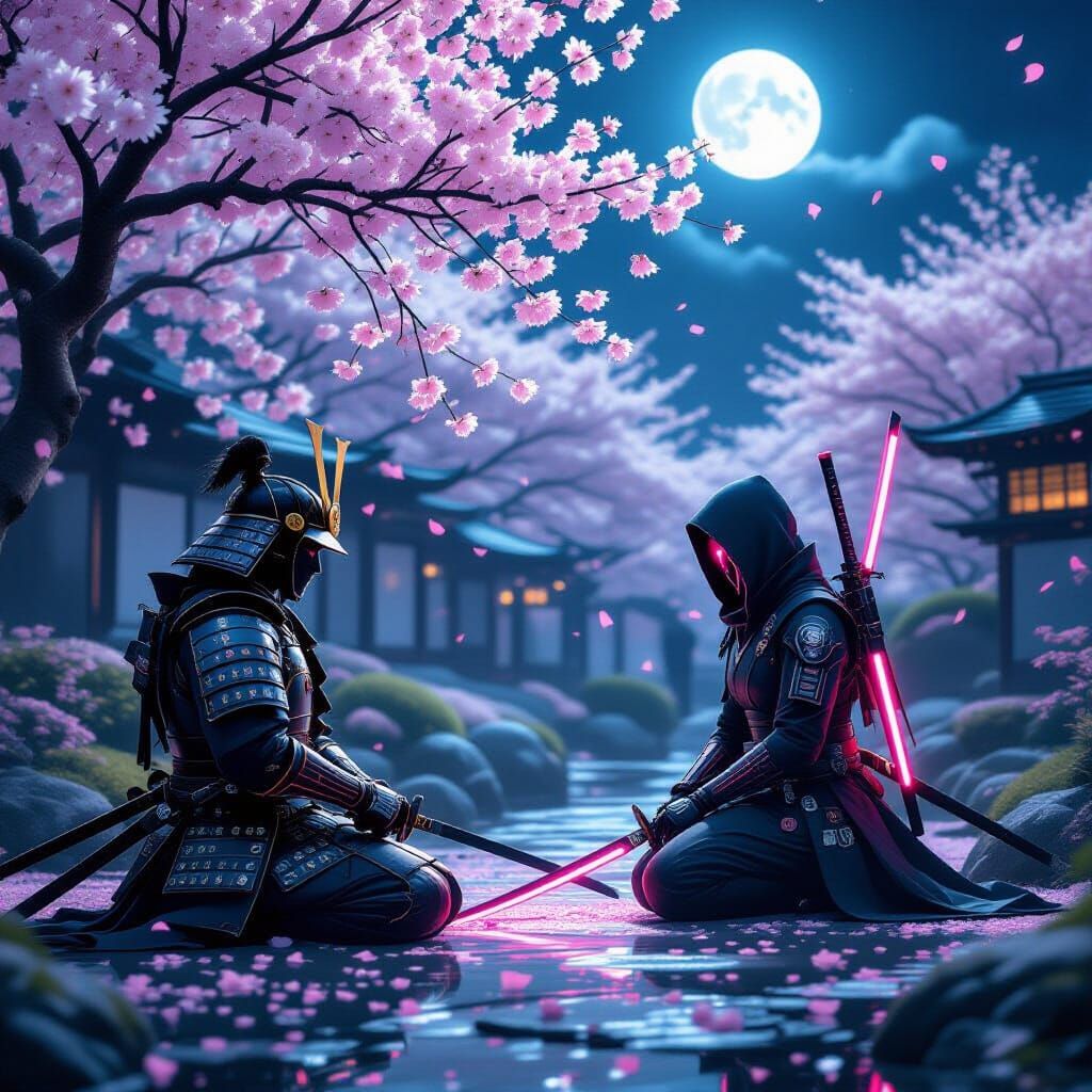 Samurai vs Cyber Ninja Under Cherry Blossoms