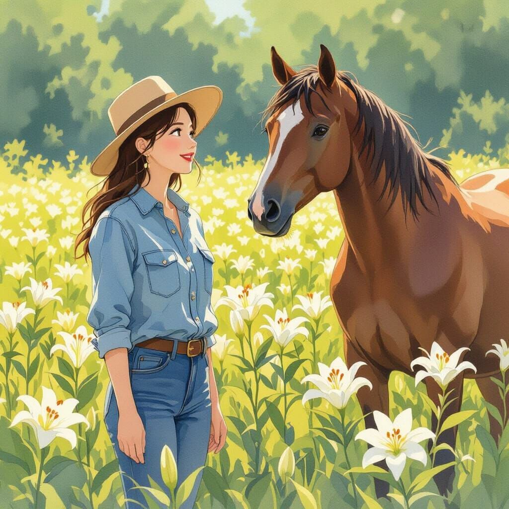 Woman and Horse in Ghibli Inspired Meadow