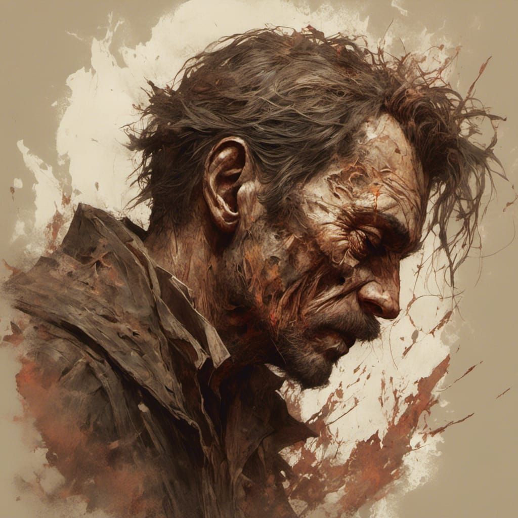 Man Coughing in Smog, Pyrography Macabre Portrait