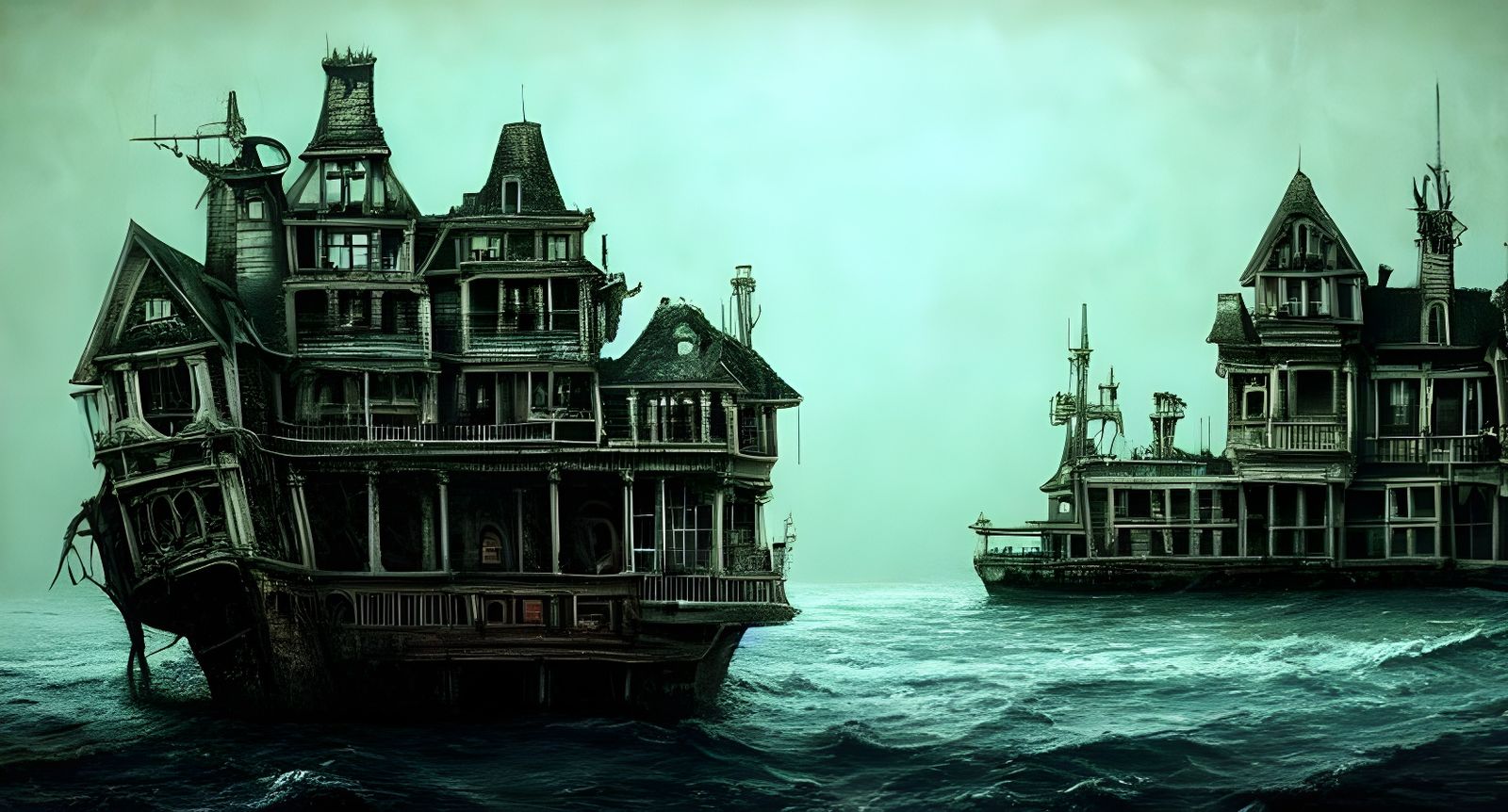 Eerie Victorian Pirate Ship on Dark Ocean