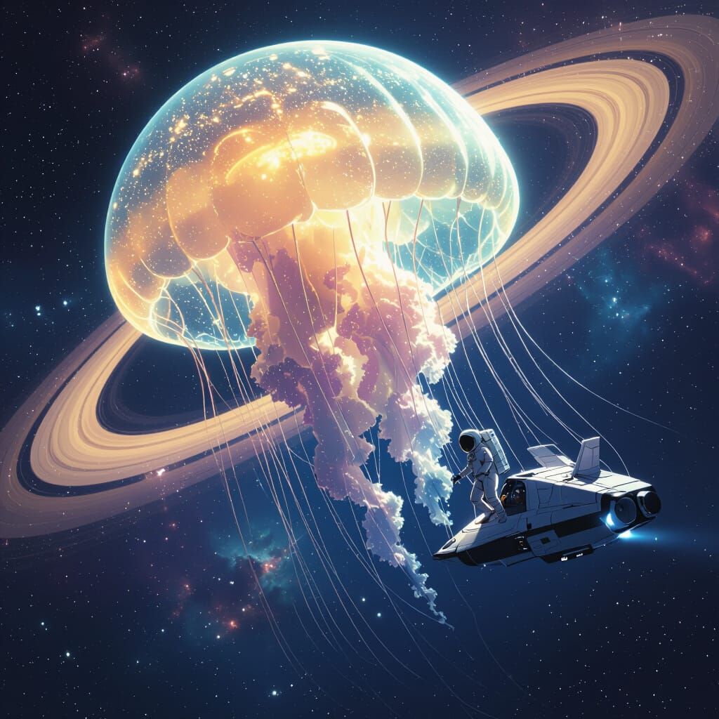 Bioluminescent Jellyfish Drifting Through Saturn's Rings