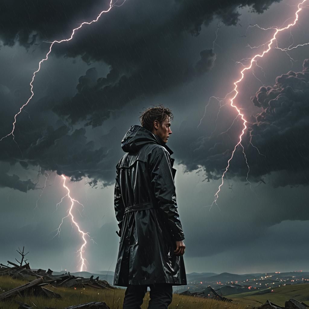 Windswept Figure Amidst Lightning, in Vivid Digital Art Styl...