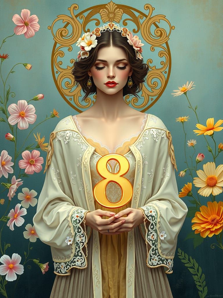 Serene Woman Embracing Art Nouveau and Spring
