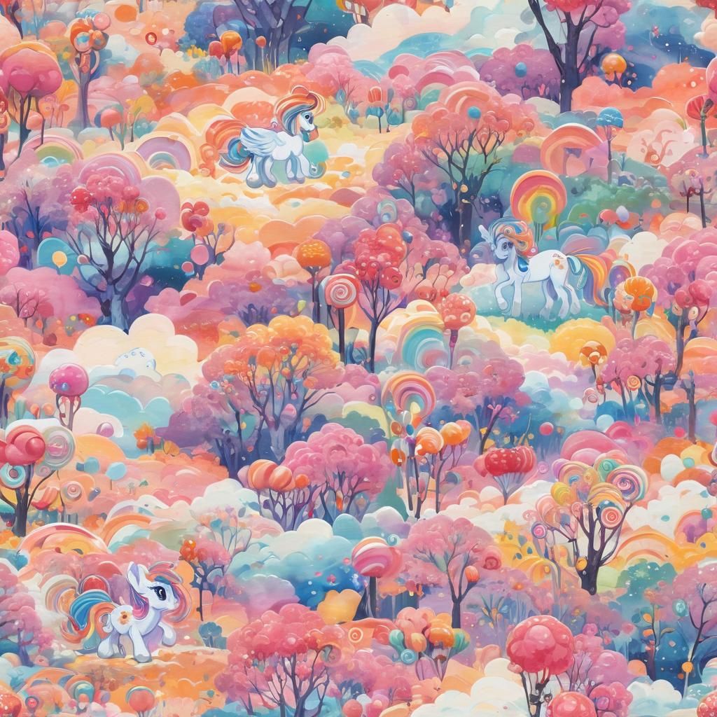 Whimsical My Little Pony in a Fantastical Gouache Landscape
