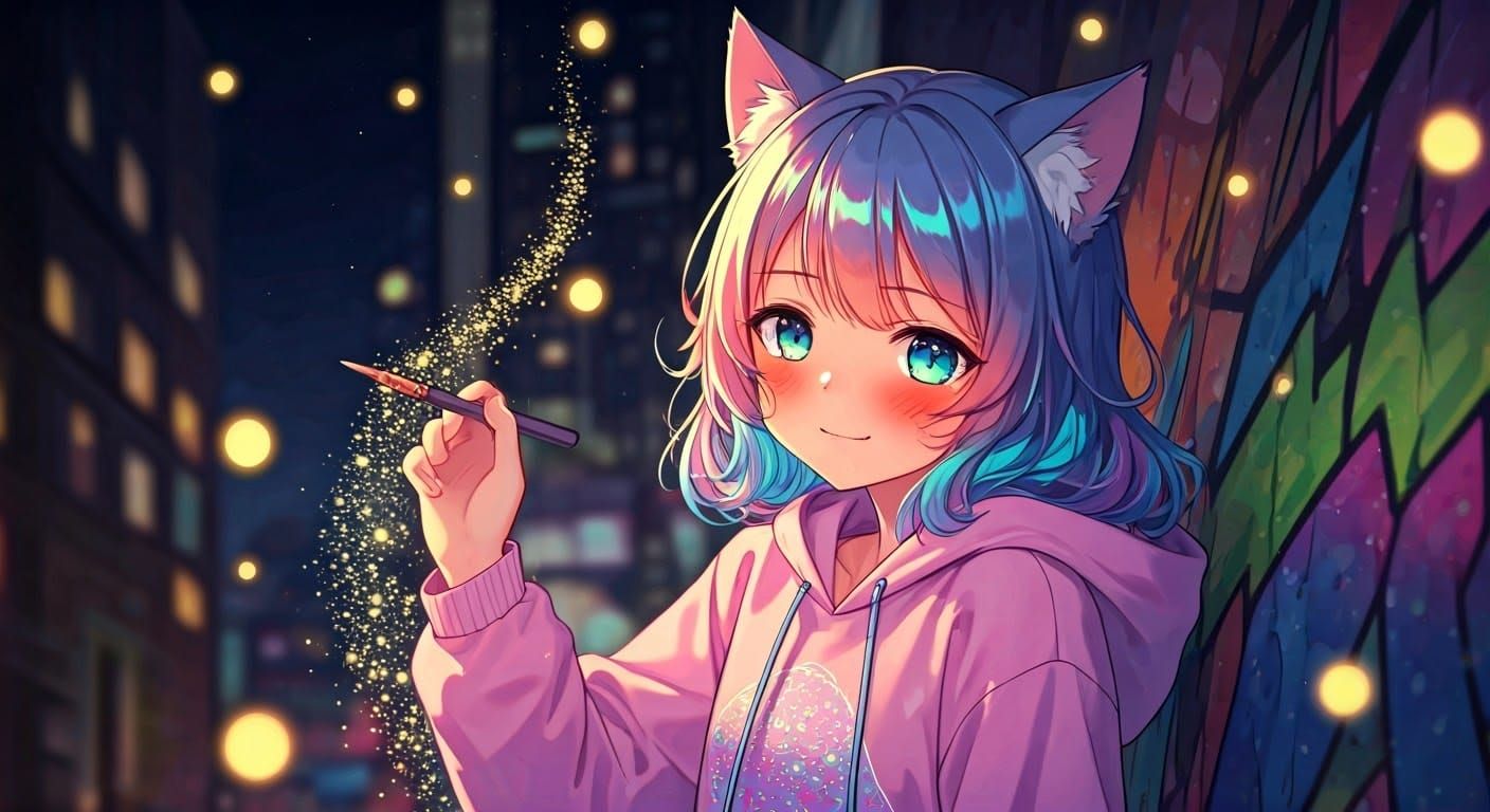 Nymph Graffiti Artist with Cat Ears, Digital Art