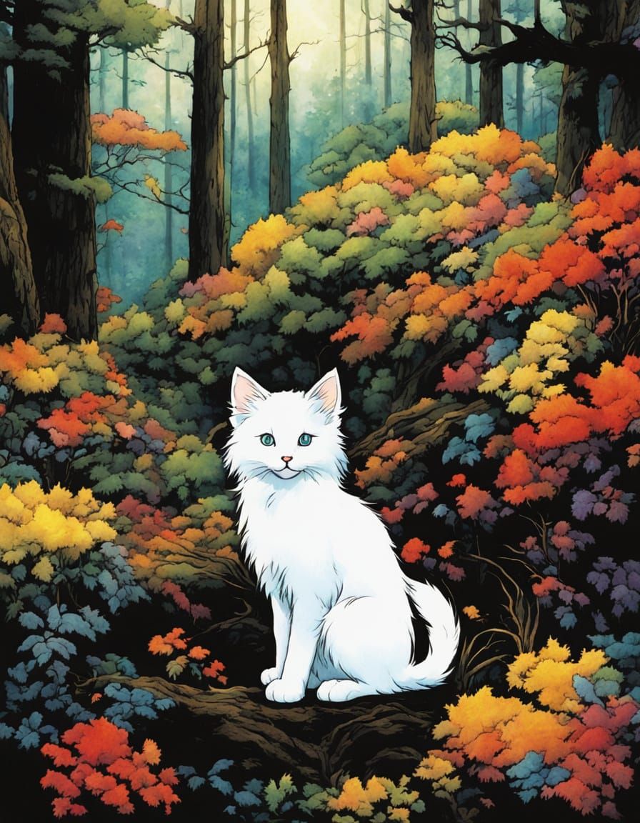 Whimsical Cartoon Kitten in Enchanted Forest