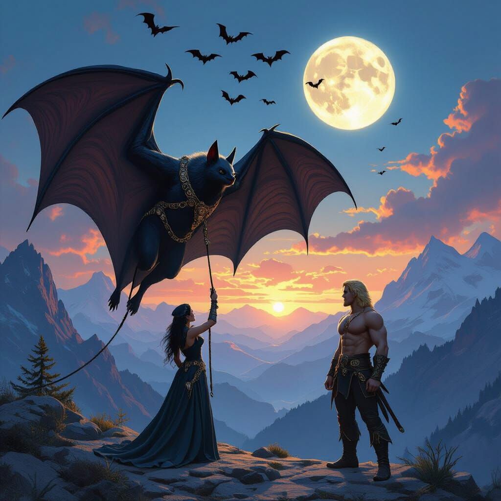 Dark Elf Tames Giant Bat at Dawn