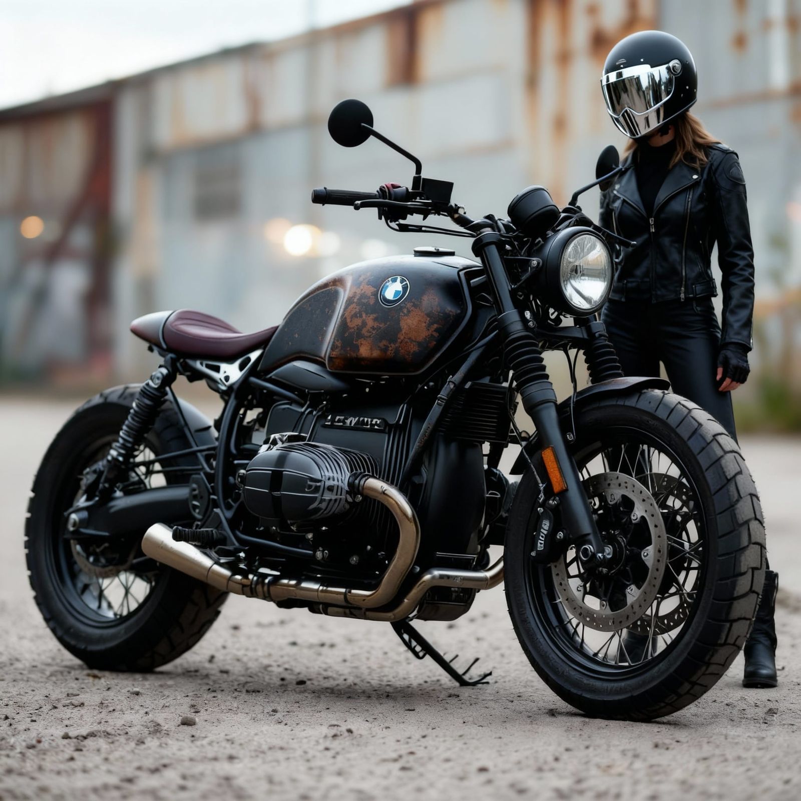 Female Biker in Black Leather Beside Custom Motorcycle