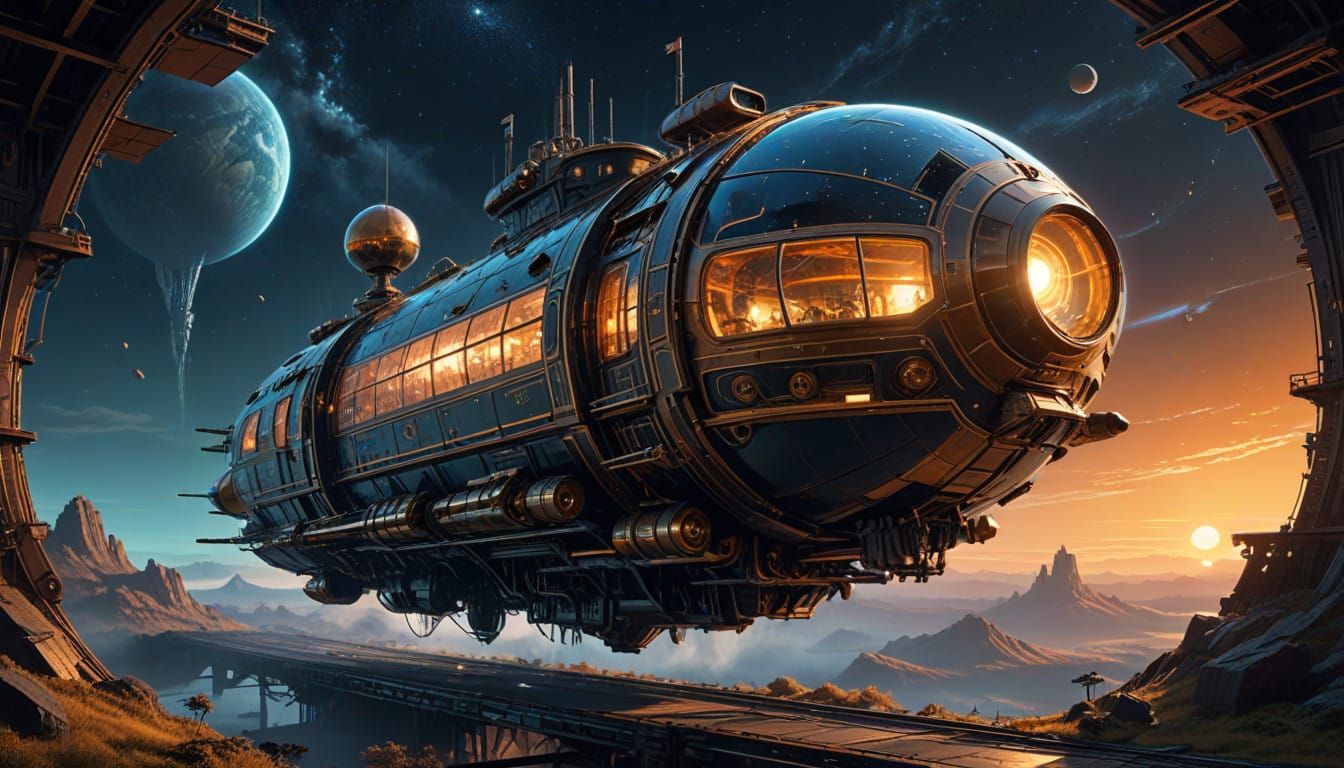 Vintage Spacecraft Soars Through Cosmic Skies in Brass-Plate...