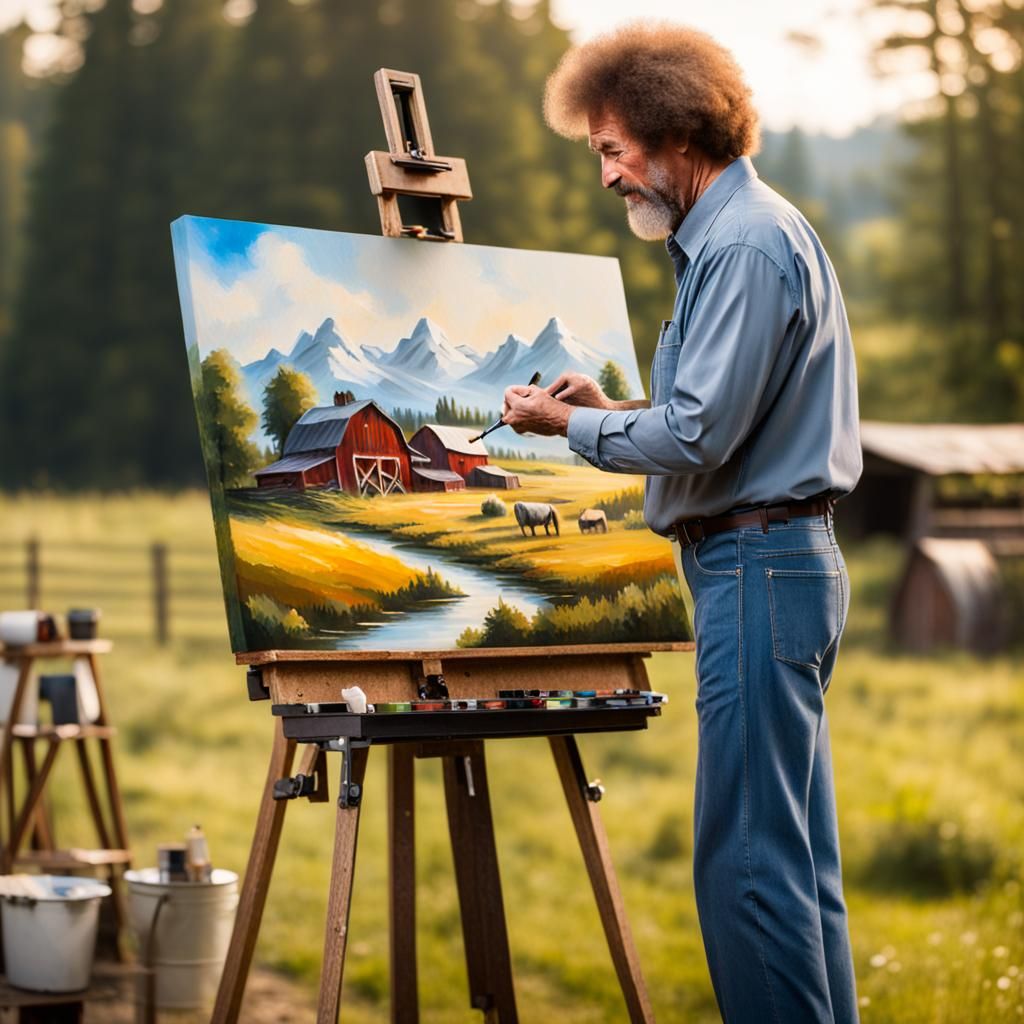 Idyllic Farm Scene Painting in Bob Ross Style
