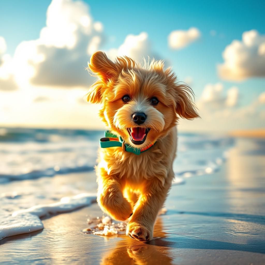 Dog Running on Beach with Bokeh