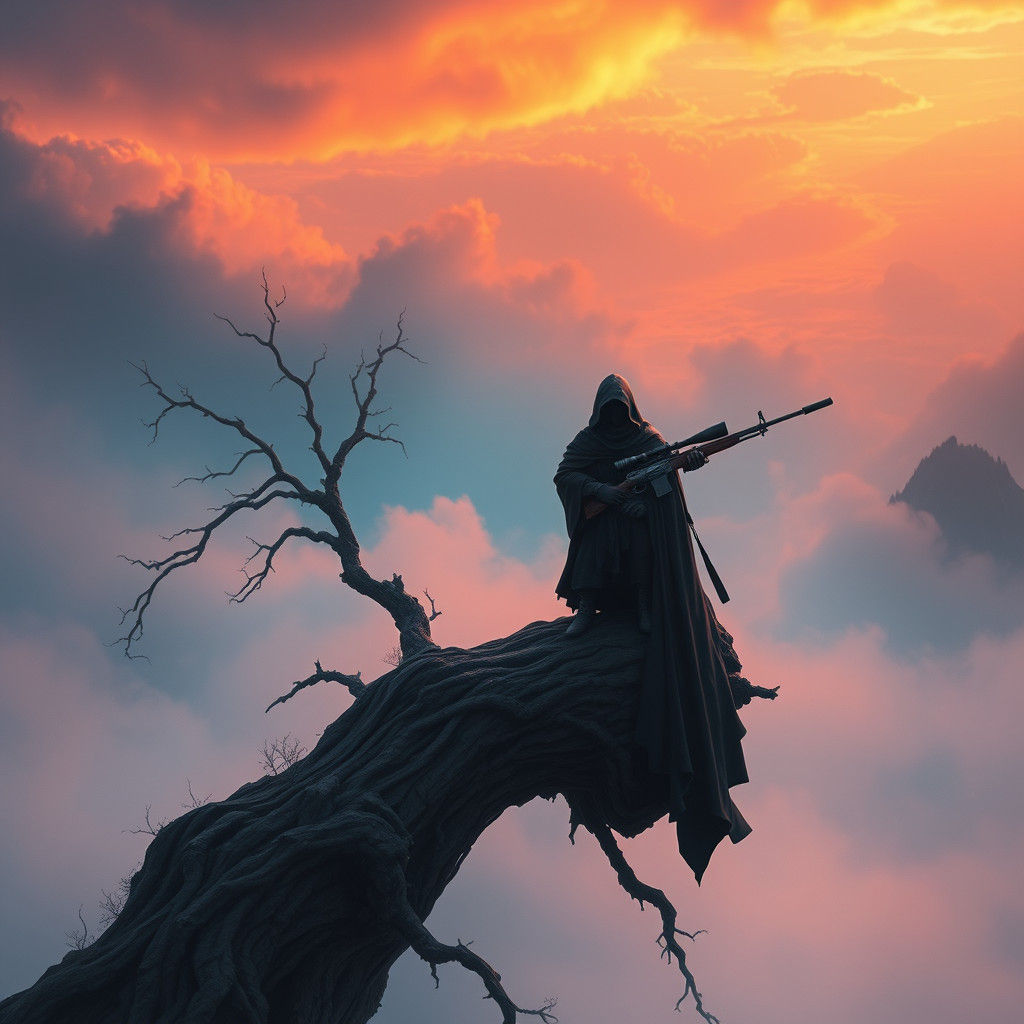 Mystical Sniper in Dreamlike Landscape: Fantasy Concept Art