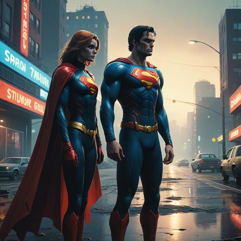 Superheroes in Epic Cityscape at Dusk