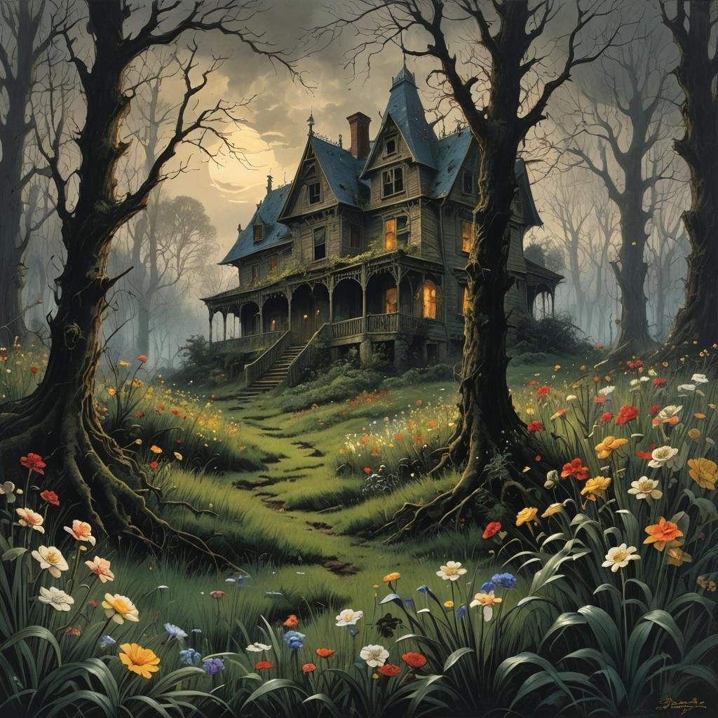 Eerie Forest Scene with Flowers and Haunted House