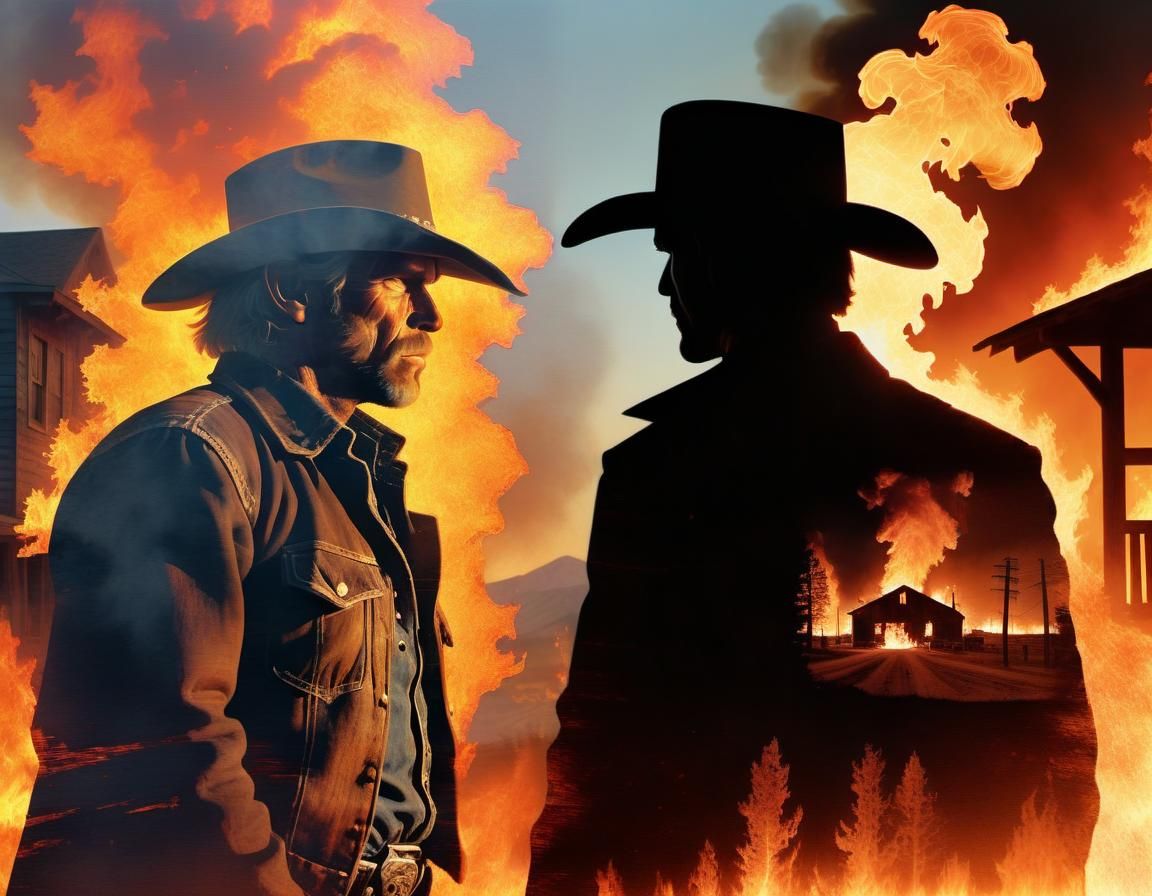 Outlaw Gunslinger Double Exposure in Western Fire