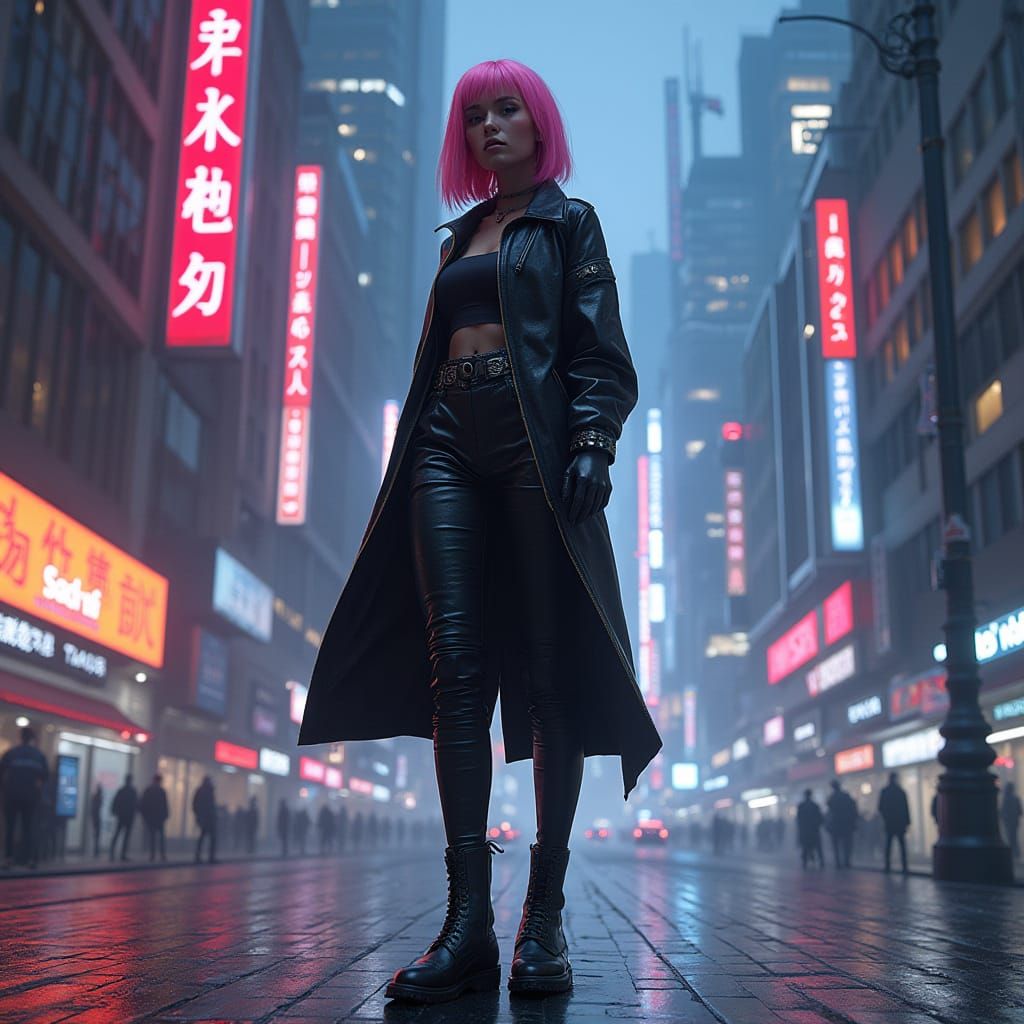 Cyberpunk Cityscape with Statuesque Figure in Futuristic Sty...