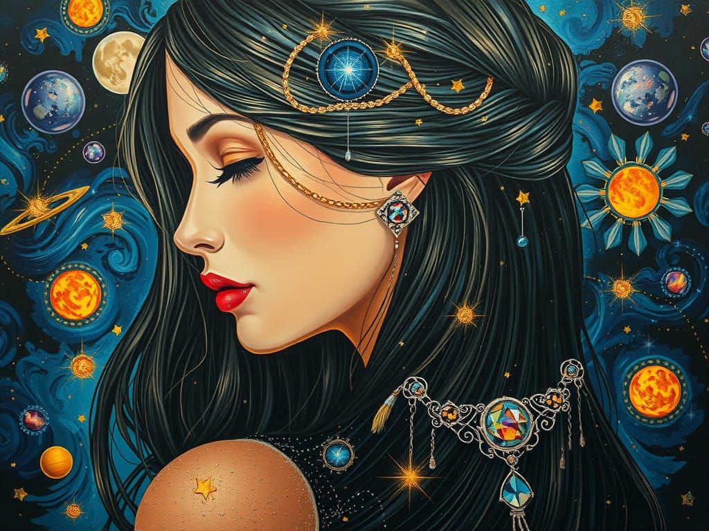 Goddess in Iridescent Gold and Starry Night Sky