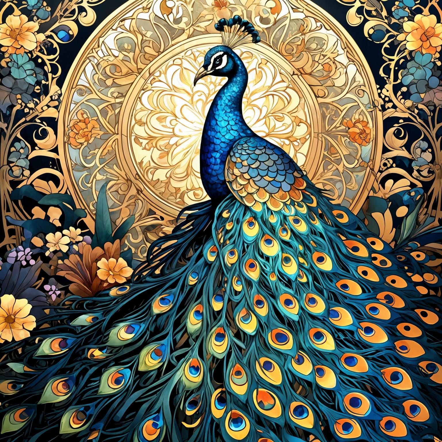 Art Nouveau Peacock with Iridescent Feathers