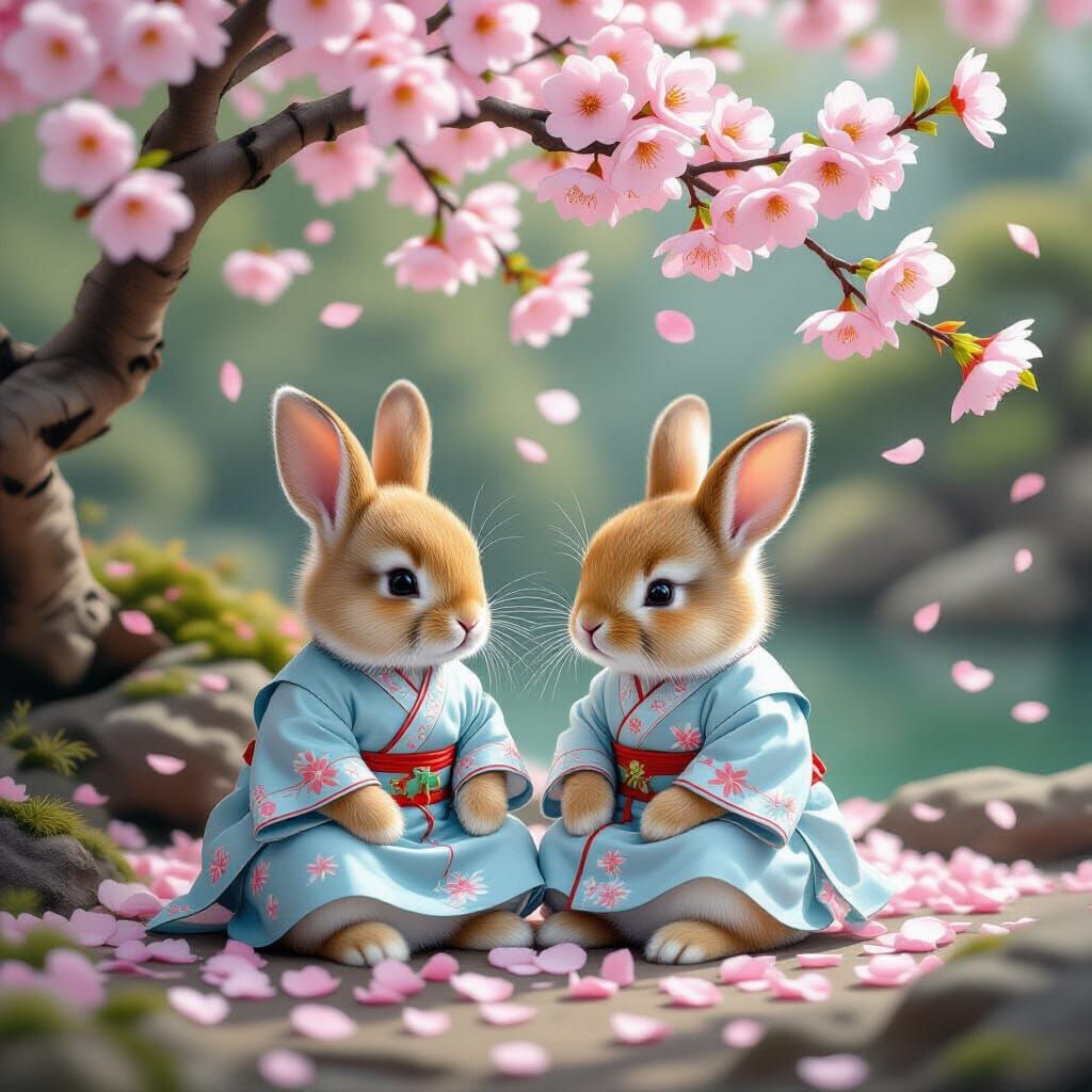 Bunnies in Chinese Garden with Plum Blossoms