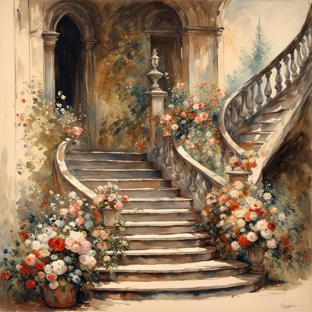 Jester Juggling on Castle Stairs in Fin-de-Siècle Style