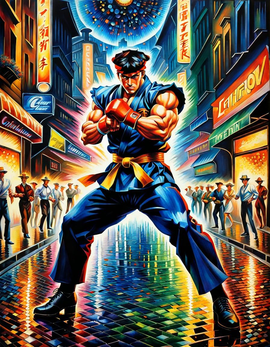 Futuristic City Street Fighter in Pointillism Style