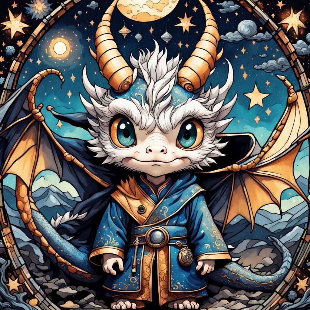 Chibi Dragon Wizard in Starry Night Fantasy