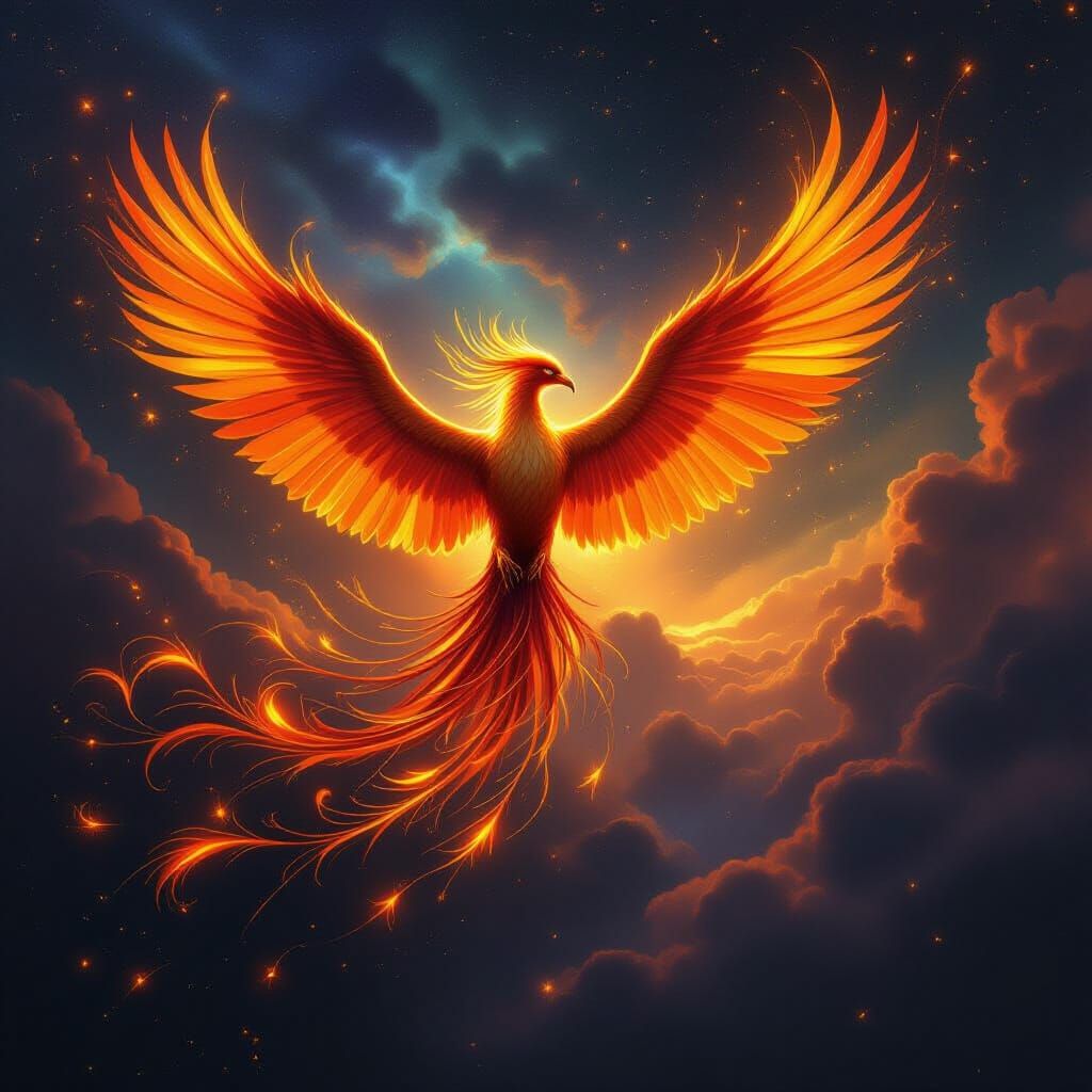 Phoenix Reborn in Fiery Sky as Digital Painting