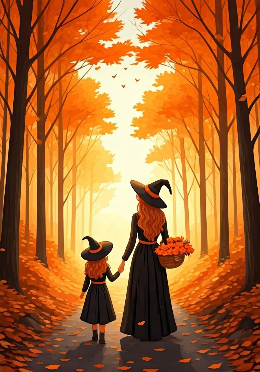 Magical Autumn Walk: Mother and Daughter Illustration
