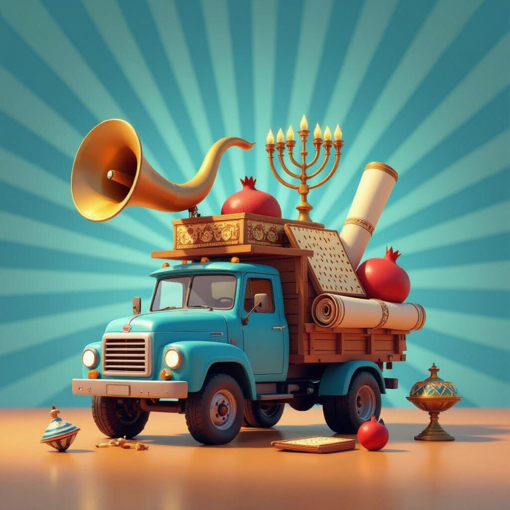 Truck Carrying Jewish Holiday Symbols in Pixar Style