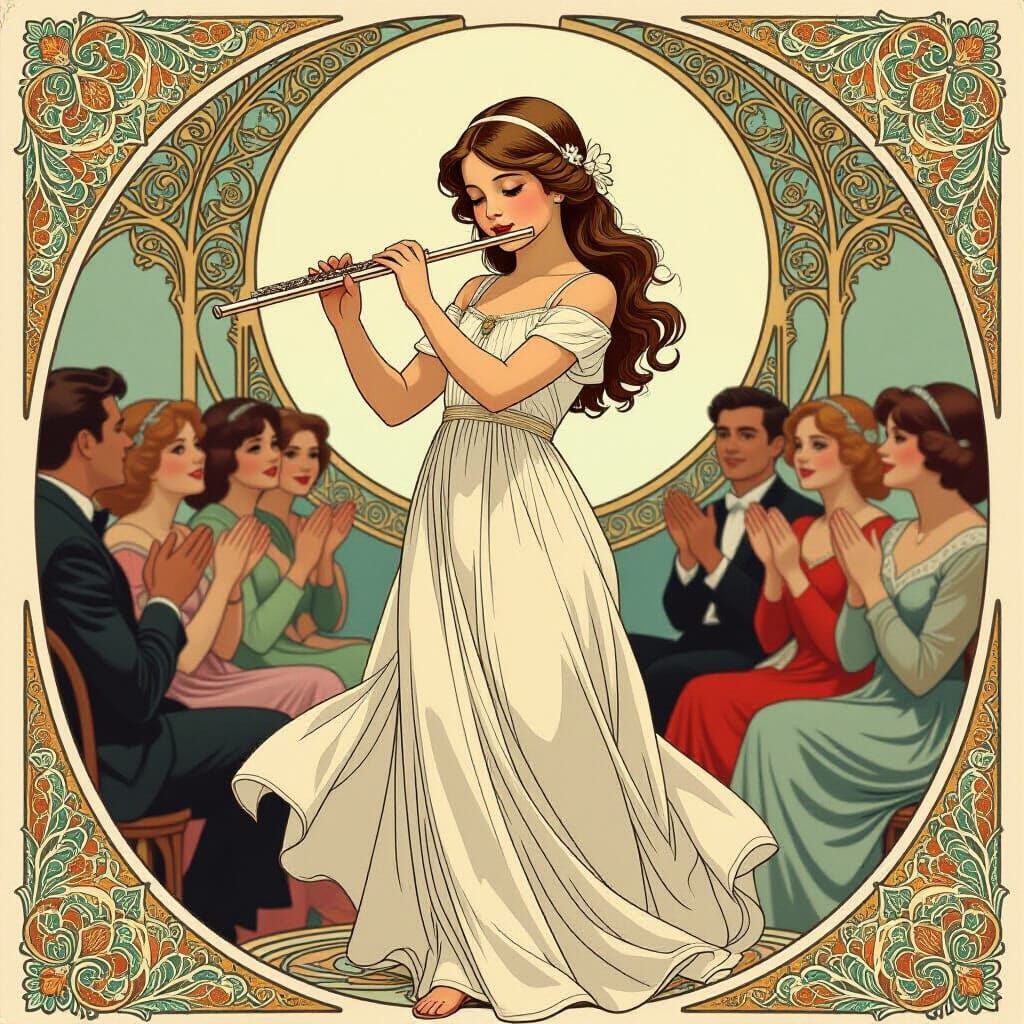 Girl Playing Flute in Art Nouveau Style