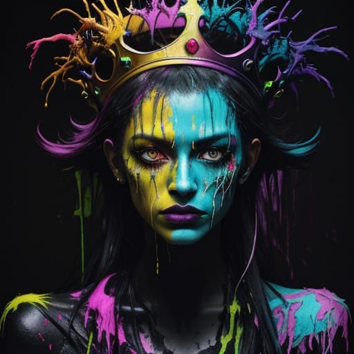 Vibrant Neo-Expressionist Portrait in Dark Urban Landscape