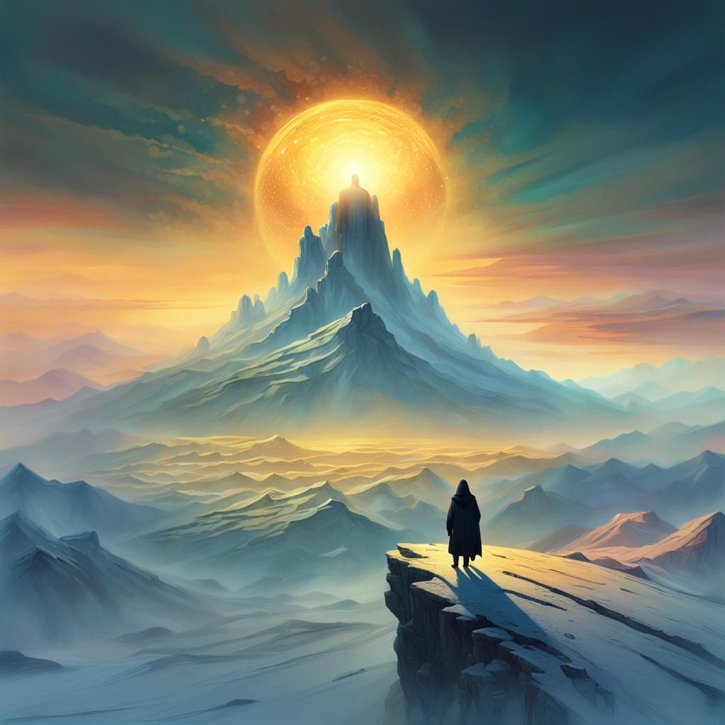 Mystical Figure Watching Sunrise in Ethereal Style