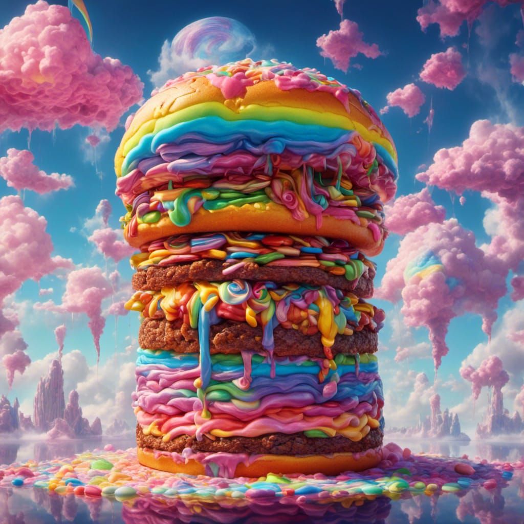 Giant candy hamburger emerges from the clouds,