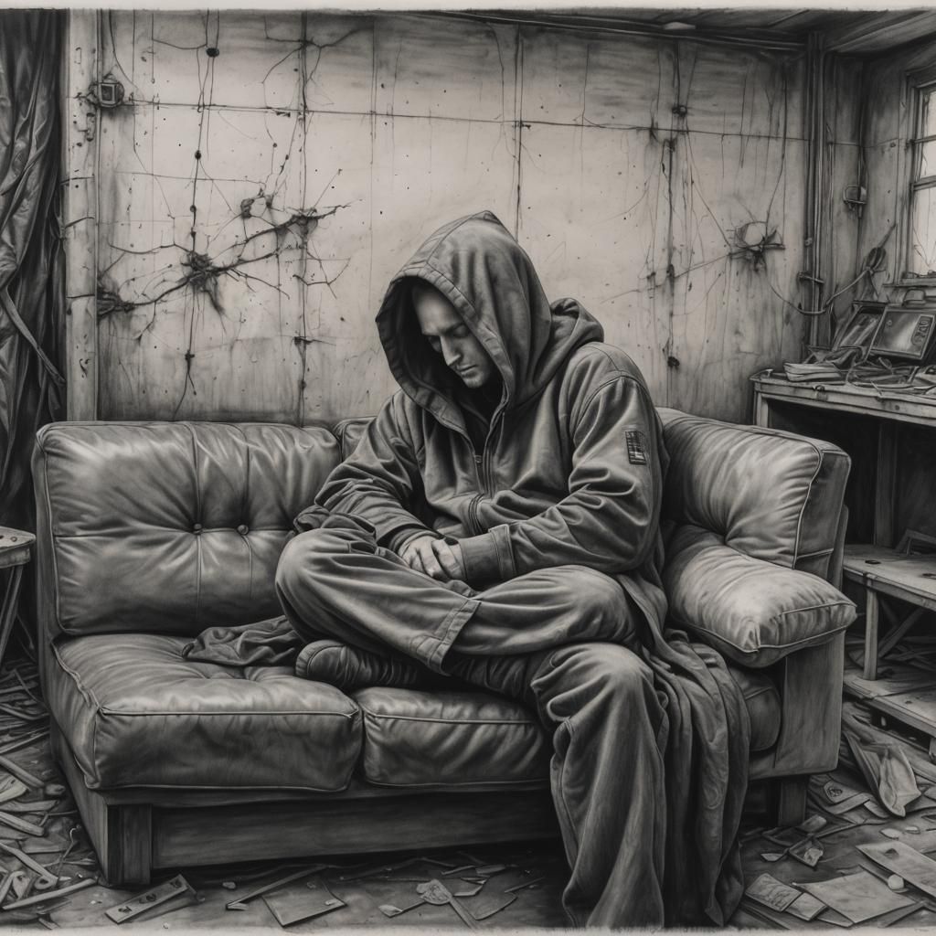 Hooded Man Sleeping in Abandoned Military Facility