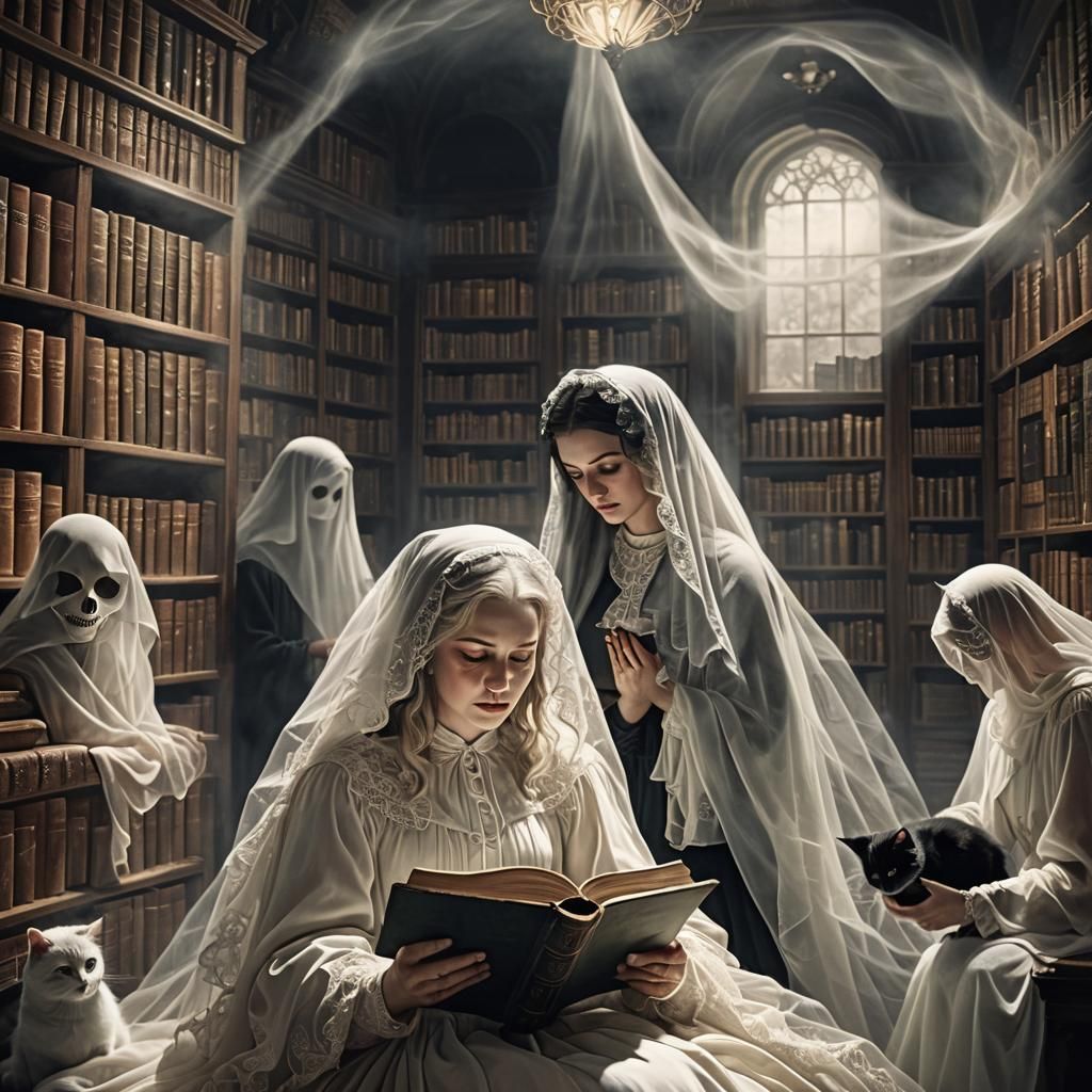 Haunted Library with Reading Ghosts and Sleeping Cat
