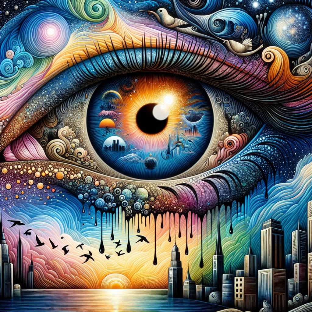 Surrealist Landscape with Human Eye in Pastel Sunset