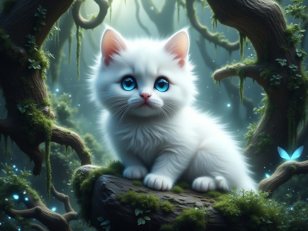 White Cat with Blue Eyes in Magical Forest