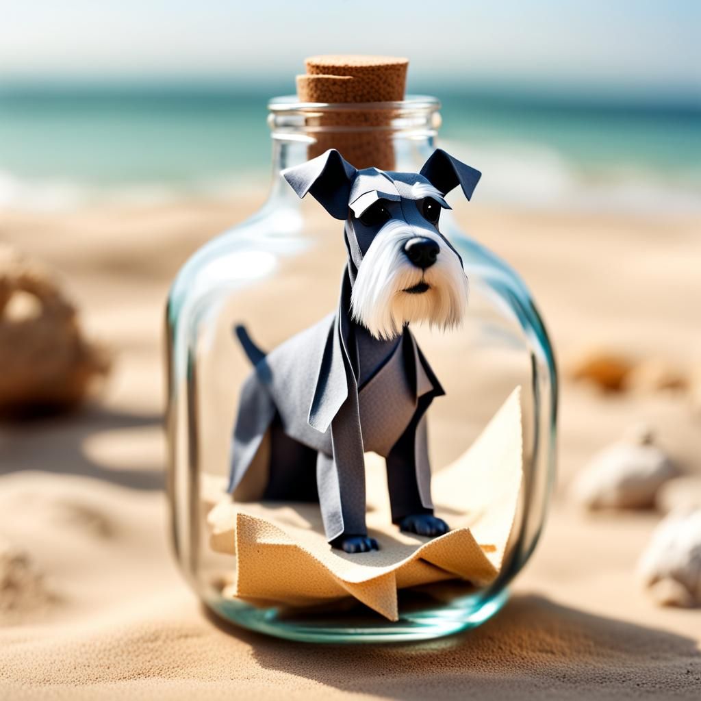 Miniature Schnauzer's Origami Pirate Ship in a Bottle