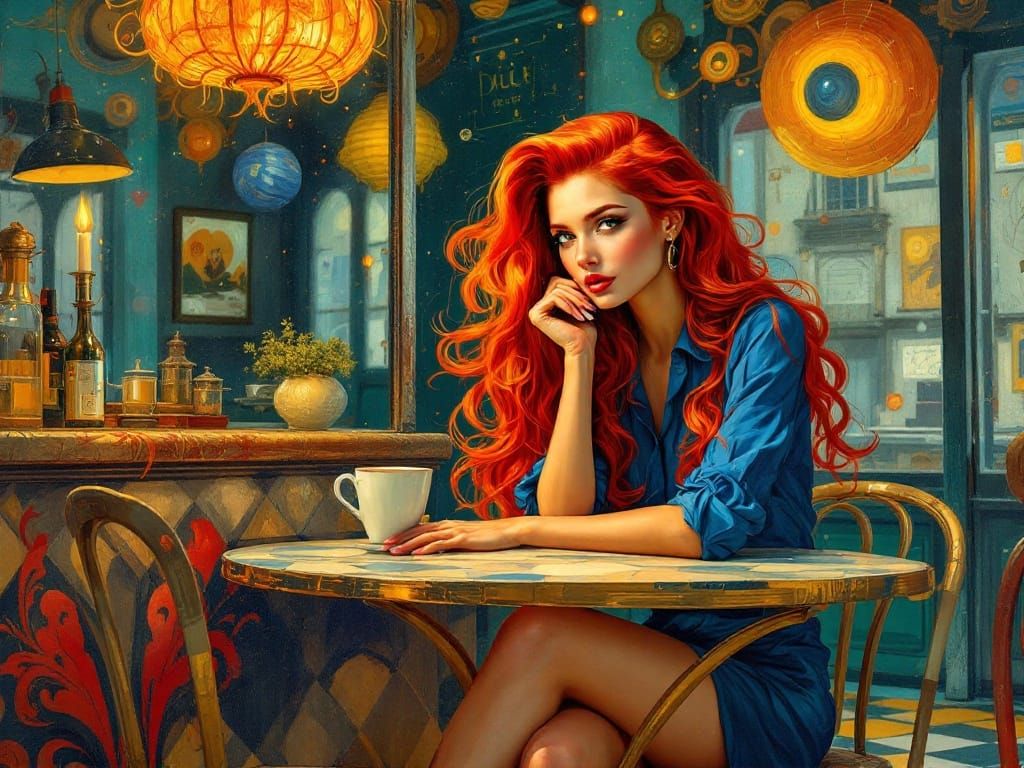Surreal Café Scene with Fashionable Woman and Flaming Hair