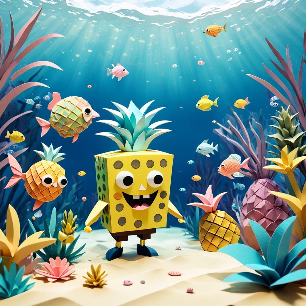 Whimsical Spongebob Papercraft Art in Delicate Japanese Styl...