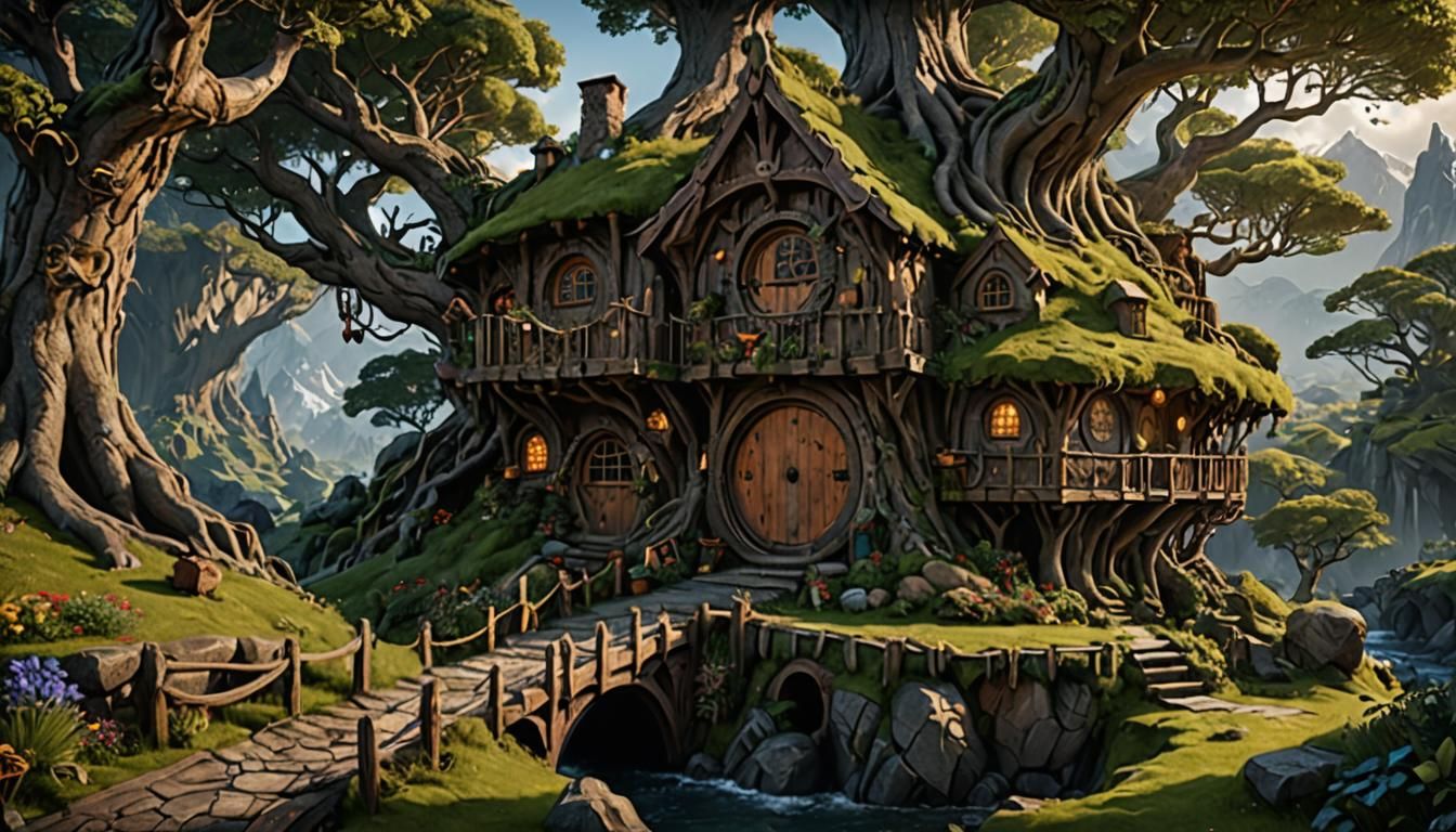 Hobbit Treehouse: Detailed Fantasy Matte Painting