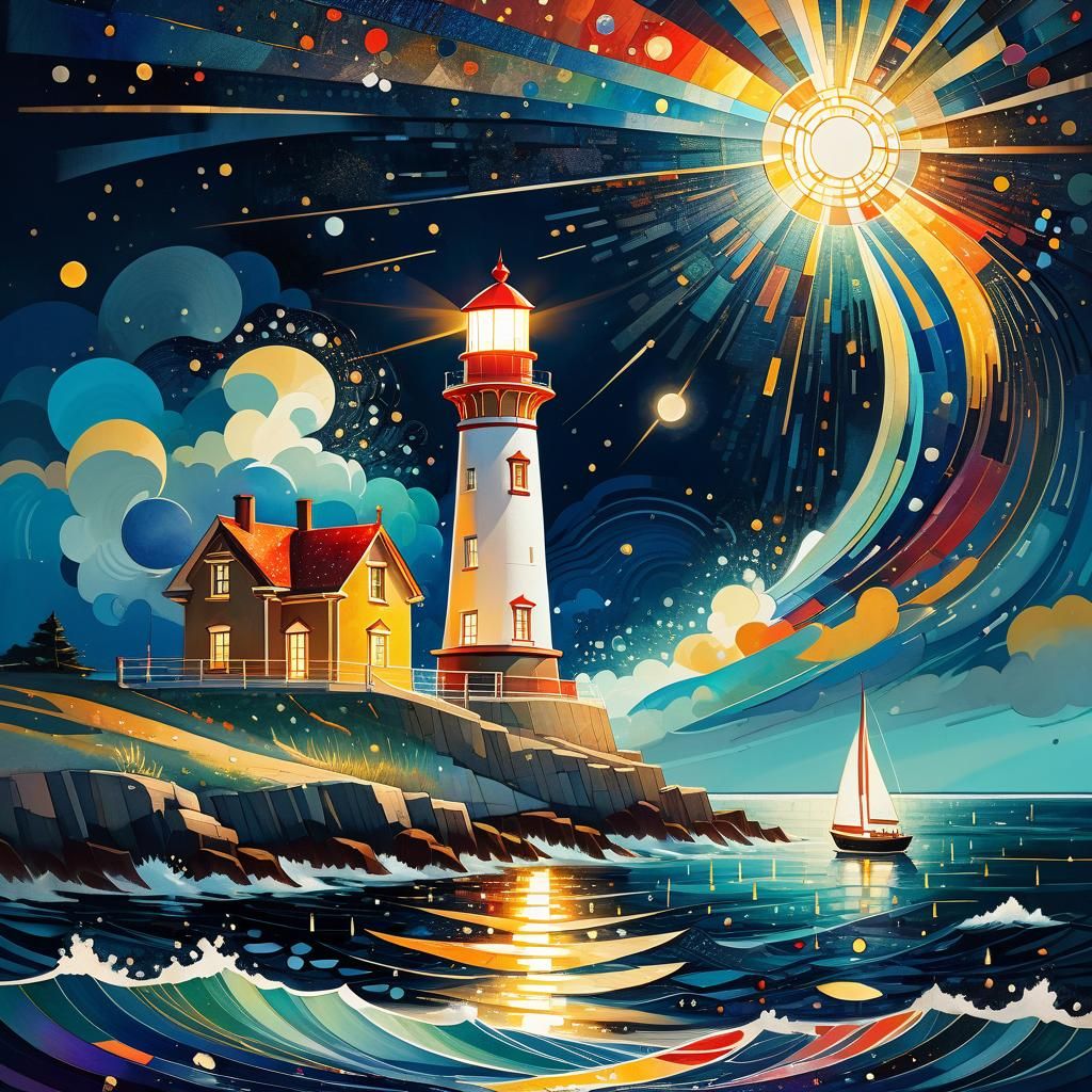 Lighthouse Portrait in Vibrant Ink Splatter Style