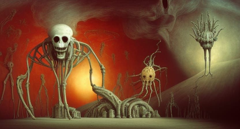 Surreal Ossuary with Two-Headed Creatures in Horror Style