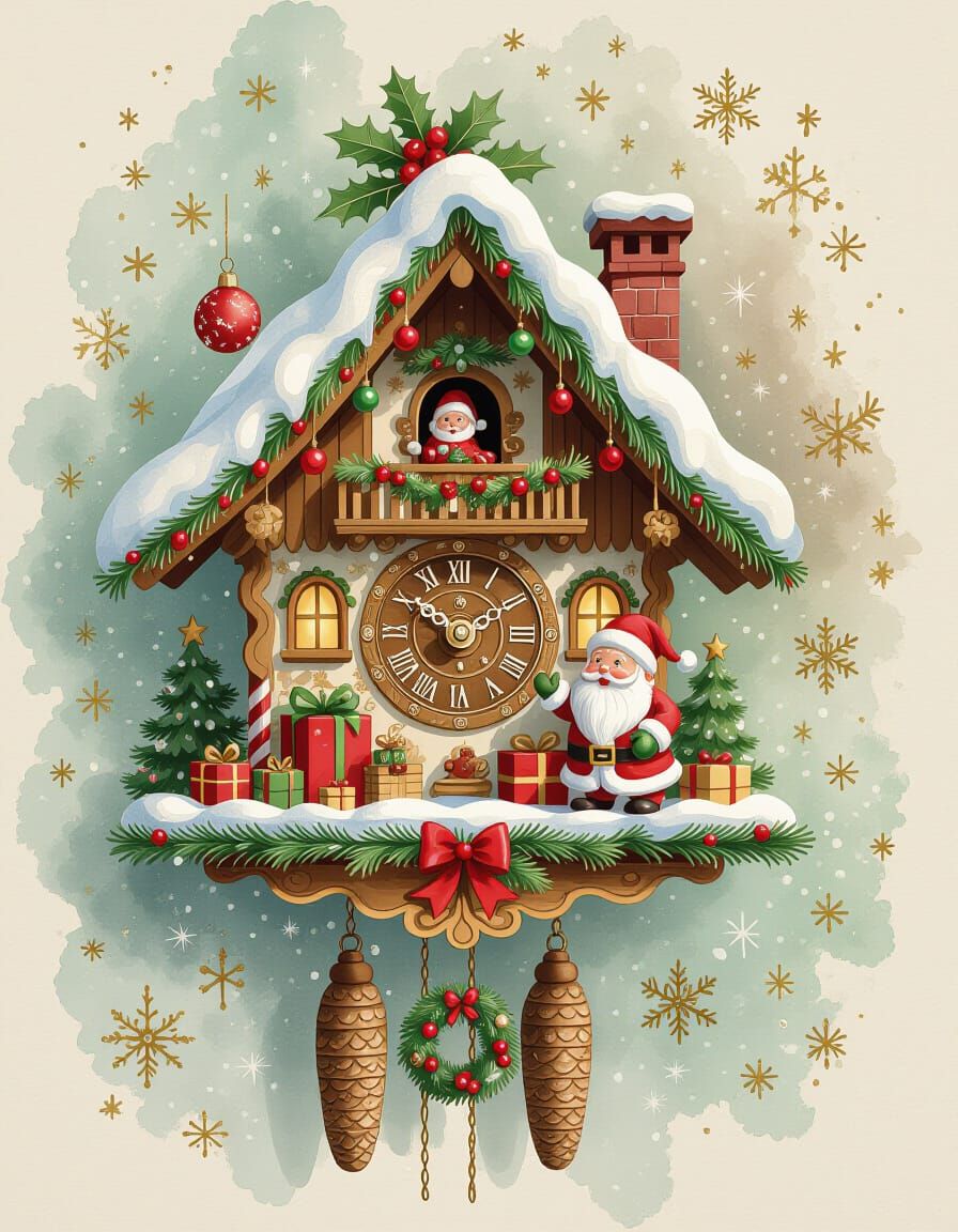 Whimsical Watercolor Christmas Cuckoo Clock with Festive Det...