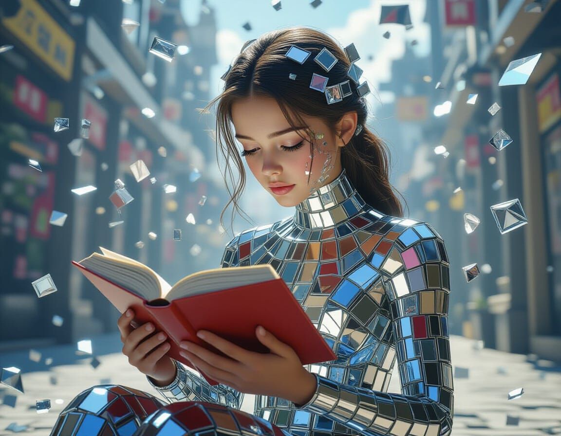 Glass Girl Reading Book in Detailed Fantasy View