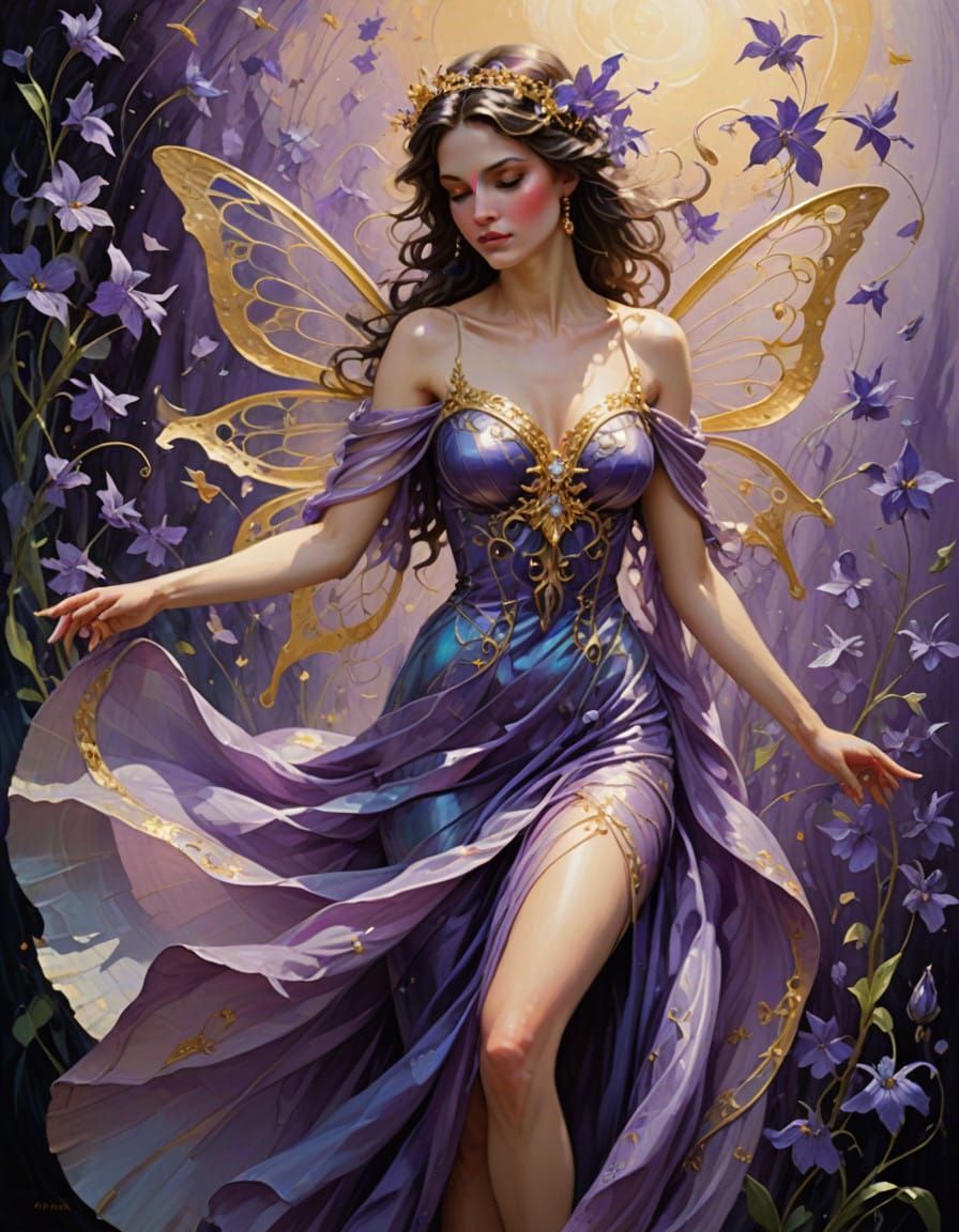 Ethereal Fairy Emerges from Majestic Violet-Blue Bellflower