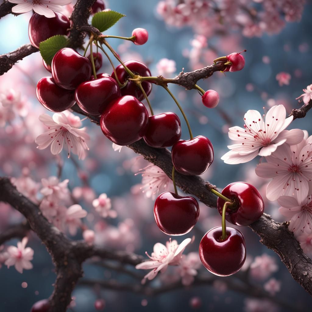 Lush Cherry Cluster with Blossoms, Detailed Digital Art