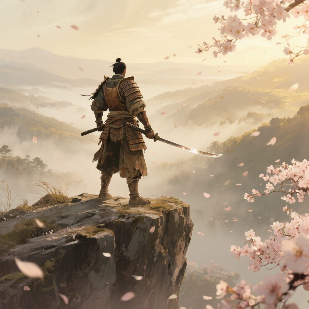 Samurai on Windswept Cliff in Dreamy Landscape Style
