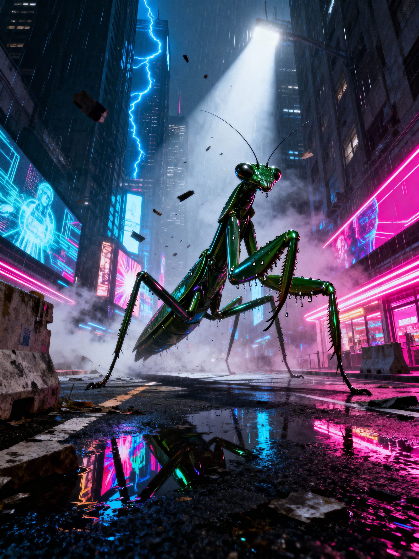 Giant Chrome Mantis in Neon Cyberpunk City